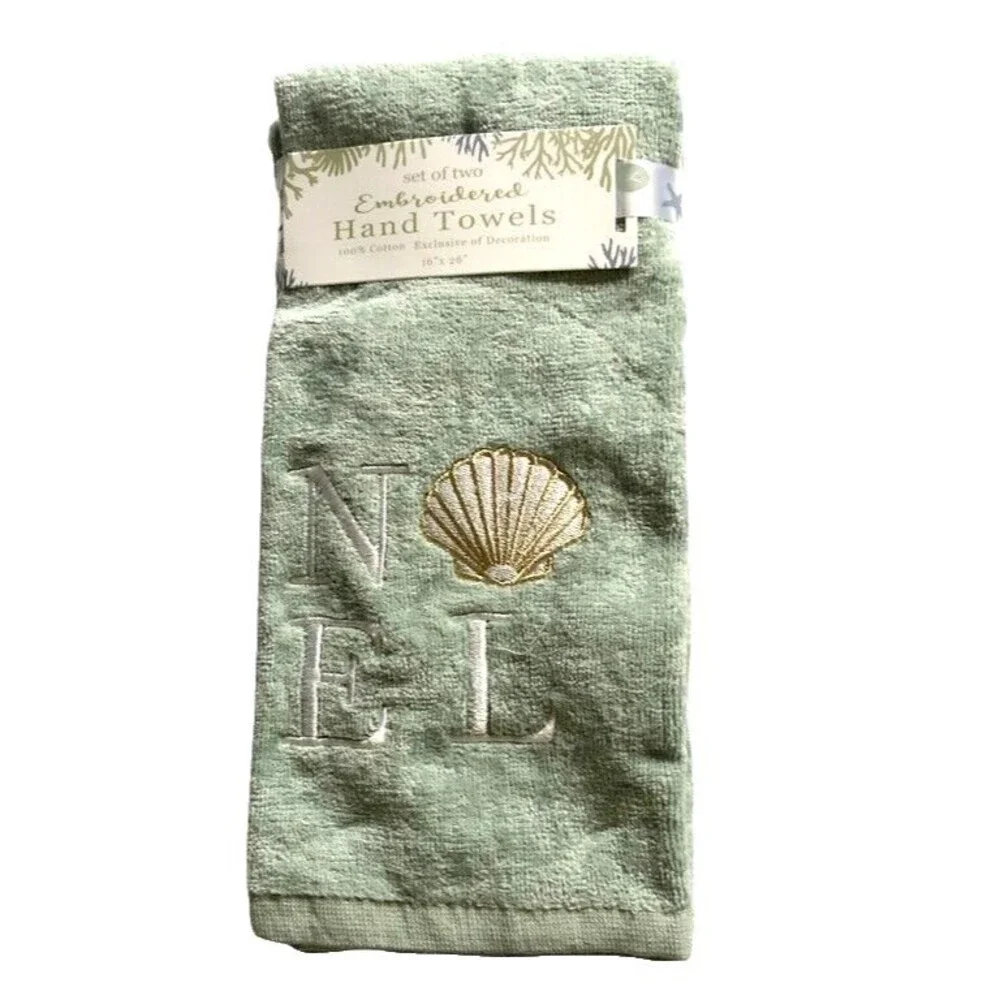 Christmas Nautical Hand Towels Set of 2 Holiday Noel Shell Embroidered Beach